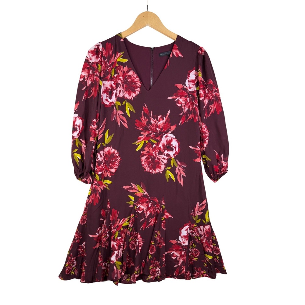 White House Black Market Floral Print V-neck Long Sleeve dress size 6 Red/Purple